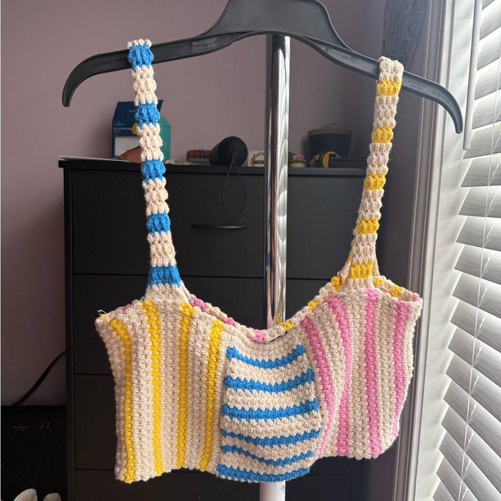 Zara Striped Crochet Top in Yellow, Blue, Pink & Cream